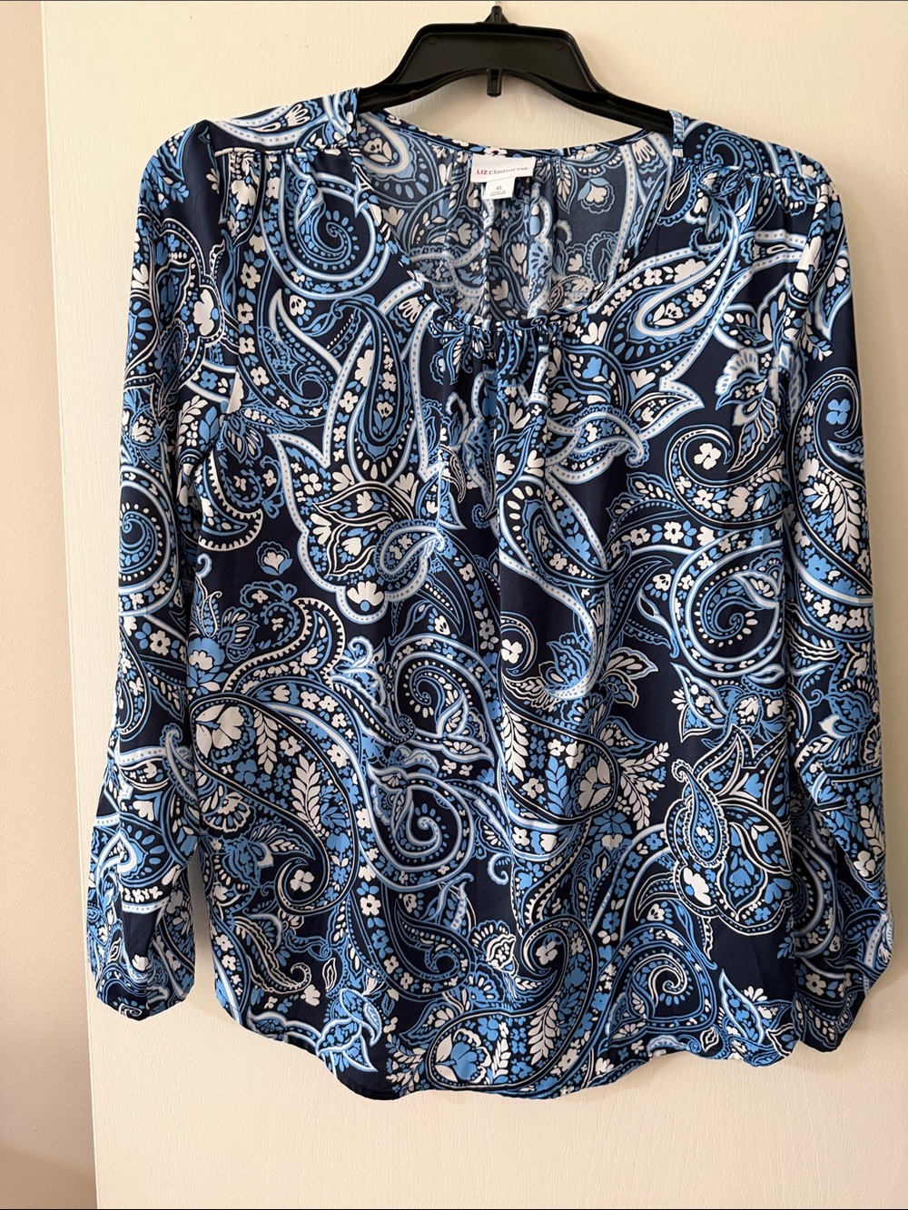 Liz Claiborne Navy & Light Blue Paisley Tie-Neck Blouse